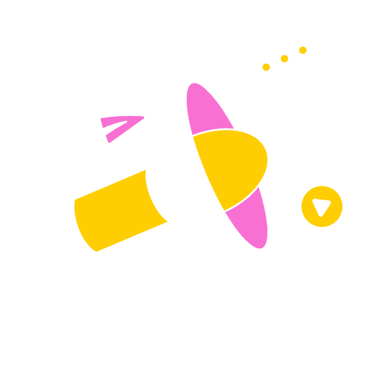 Illustration of a megaphone with speech bubble and heart icons on a blue background.