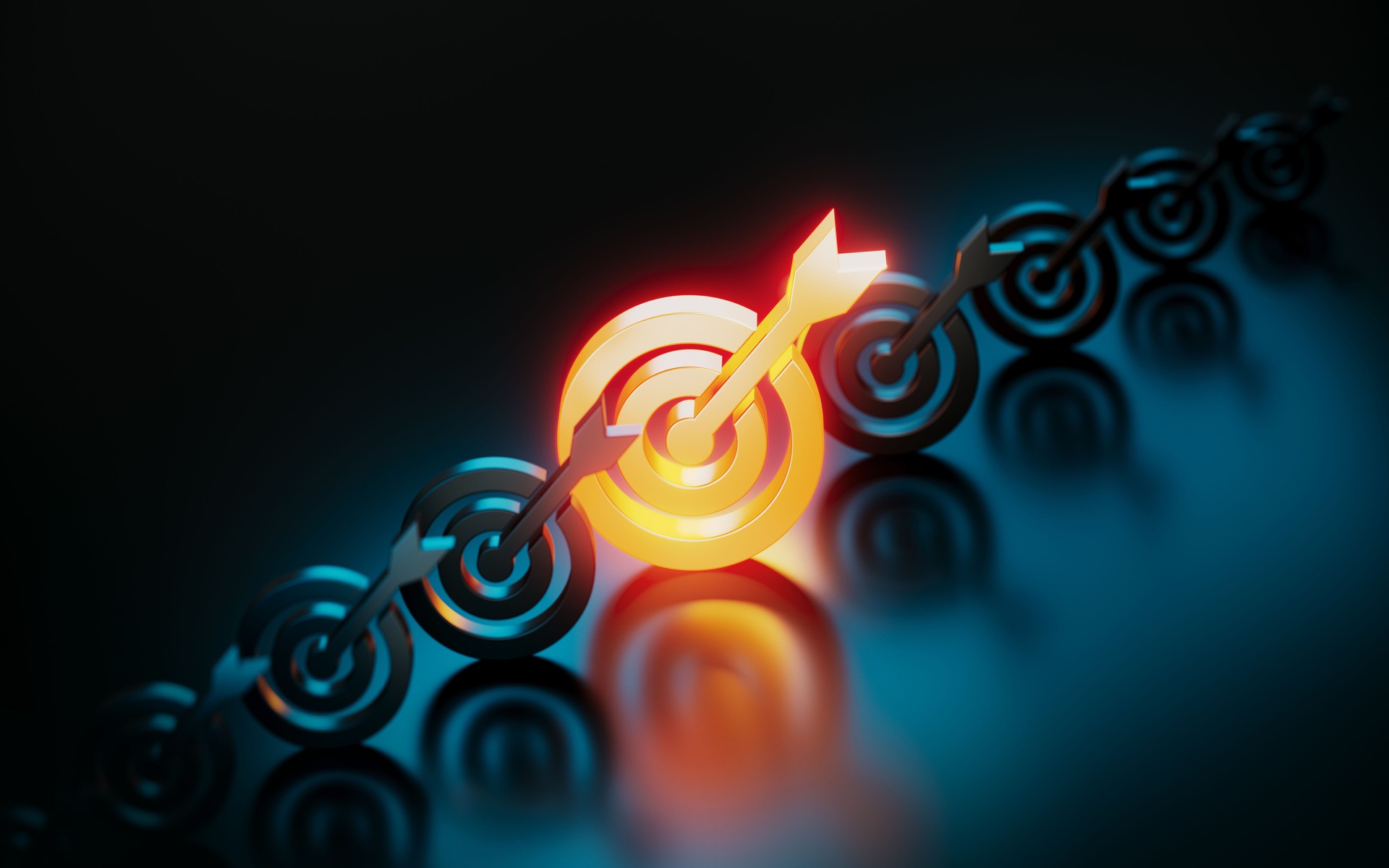 Orange Target Symbol Glowing Amid Black Target Symbols On Black Background